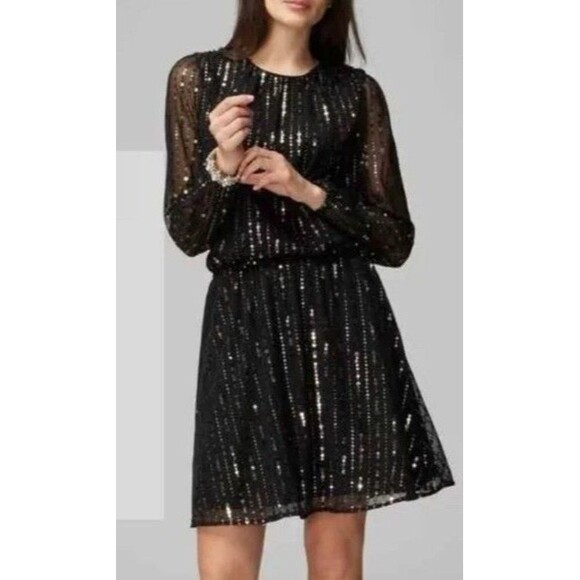 White House Black Market Long-Sleeve Sequin Blouson Dress – Size Medium Cocktail - Picture 3 of 10